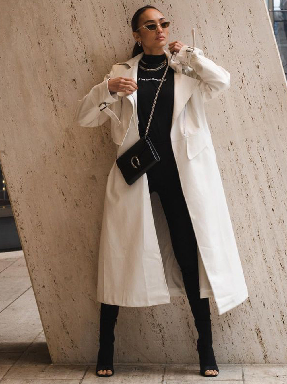 White Lapel Collar Zip Front Buckle Cuff Faux Leather Trench Coat