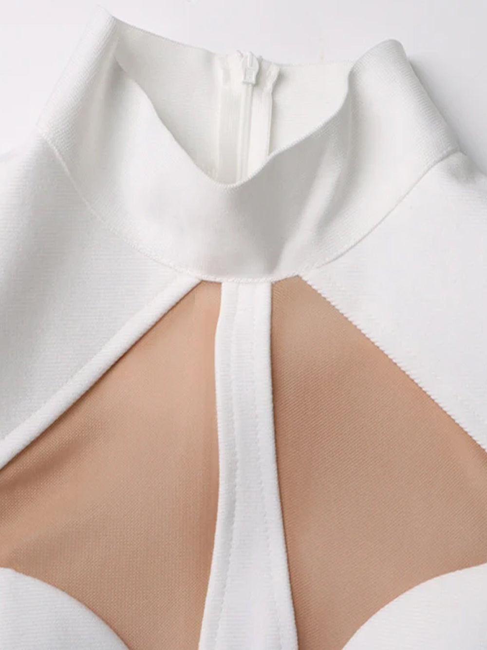 White High Neck Mesh Cutout Feather Cuff Bandage Bodycon Mini Dress