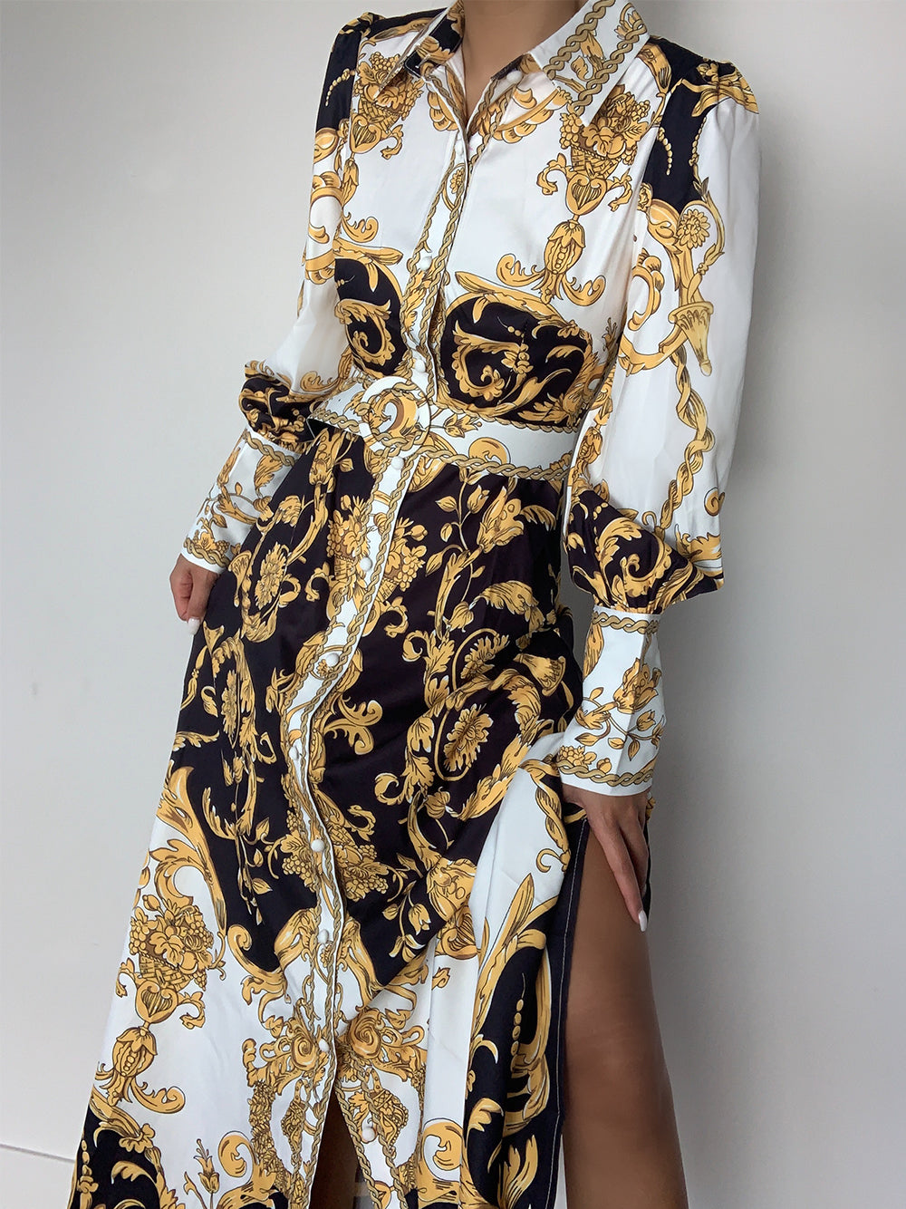 Gold Collared Baroque Print Long Sleeve High Slit Shirt Maxi Dress