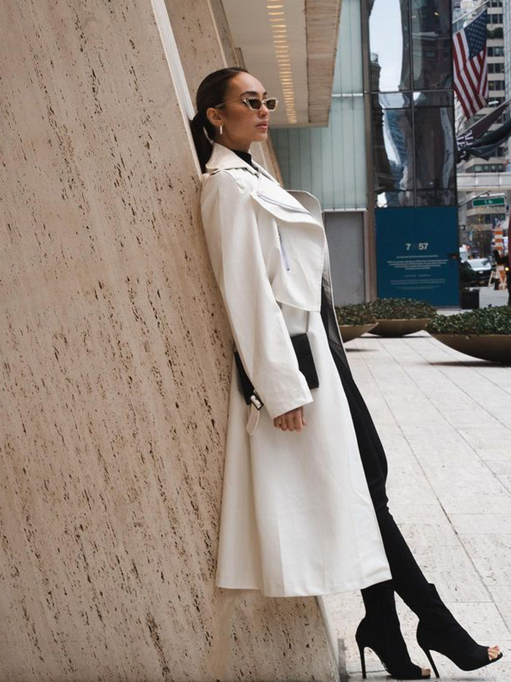 White Lapel Collar Zip Front Buckle Cuff Faux Leather Trench Coat