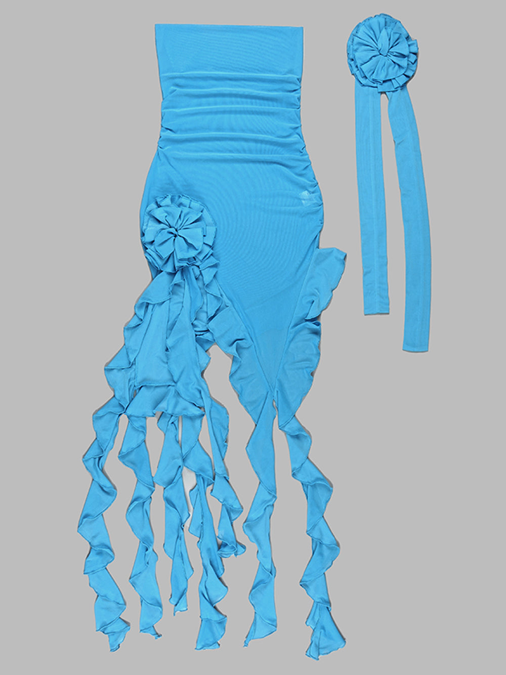 Blue Strapless Rosette Flower Ruched Asymmetric Ruffle High Slit Maxi Dress 13