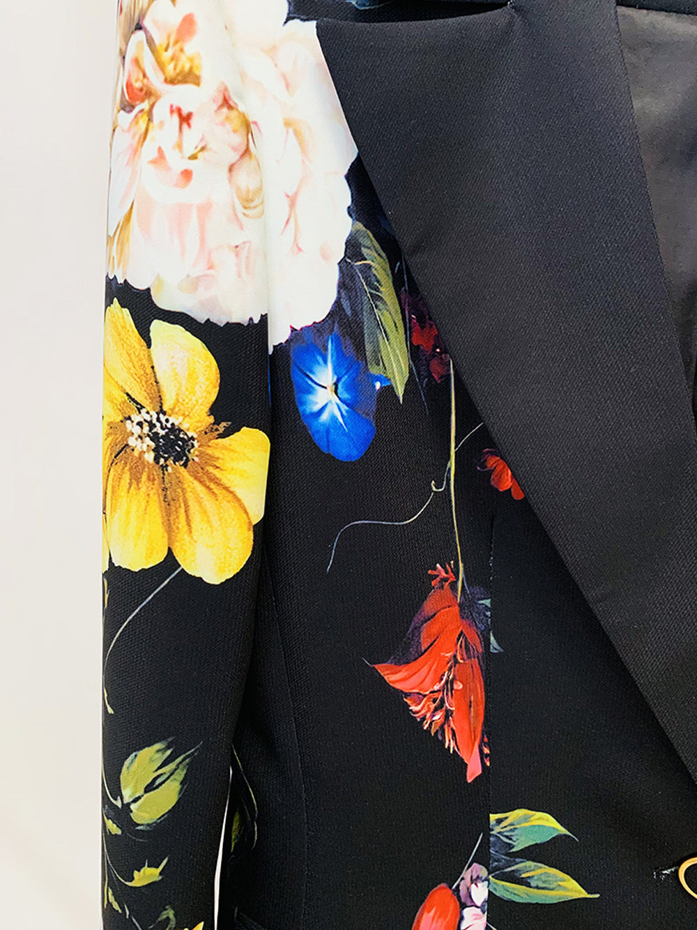 Black Floral Print Lapel Blazer and Flared Pants Set