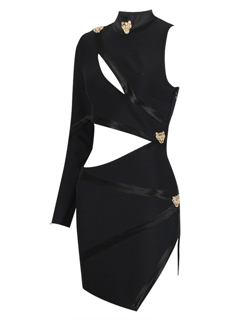 Black High Neck One Shoulder Cutout Gold Button Bodycon Mini Dress