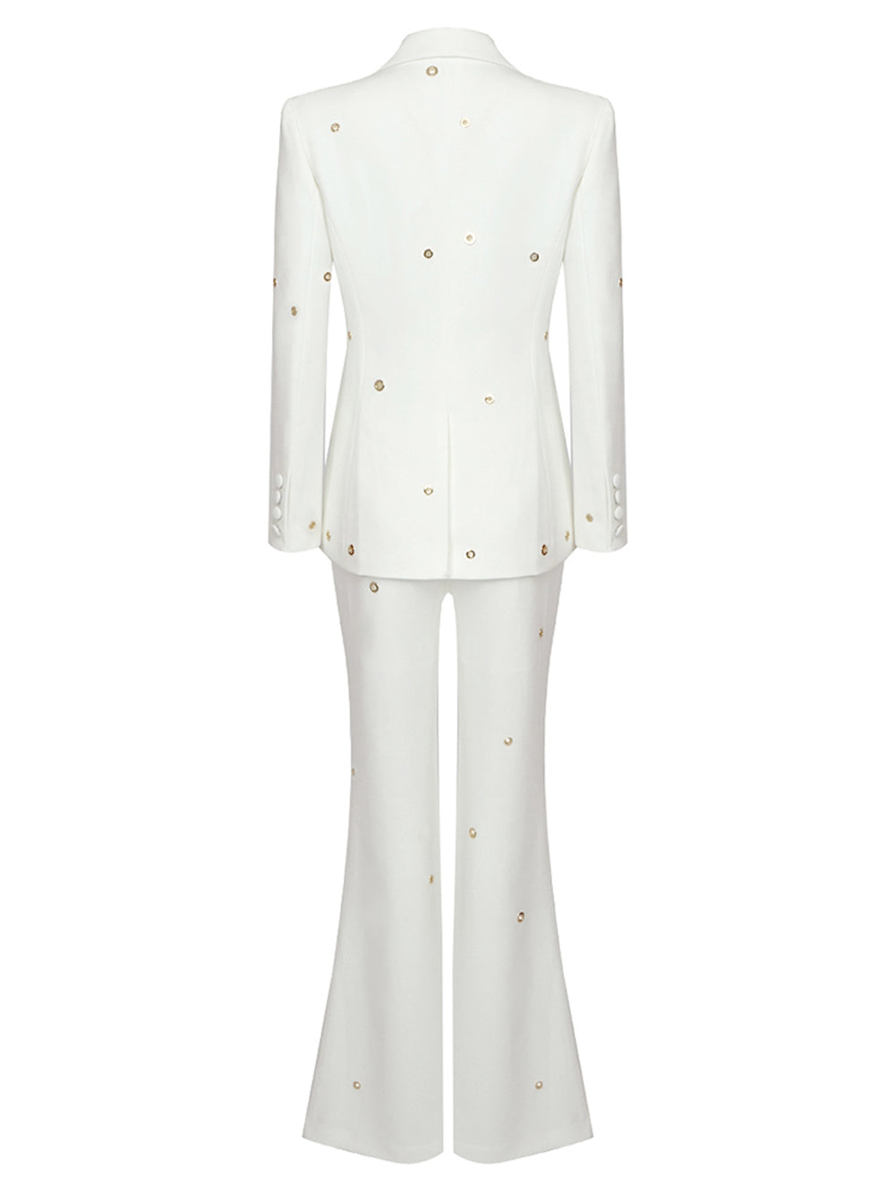 White Peak Lapel Gold Eyelet Blazer And Pants Set