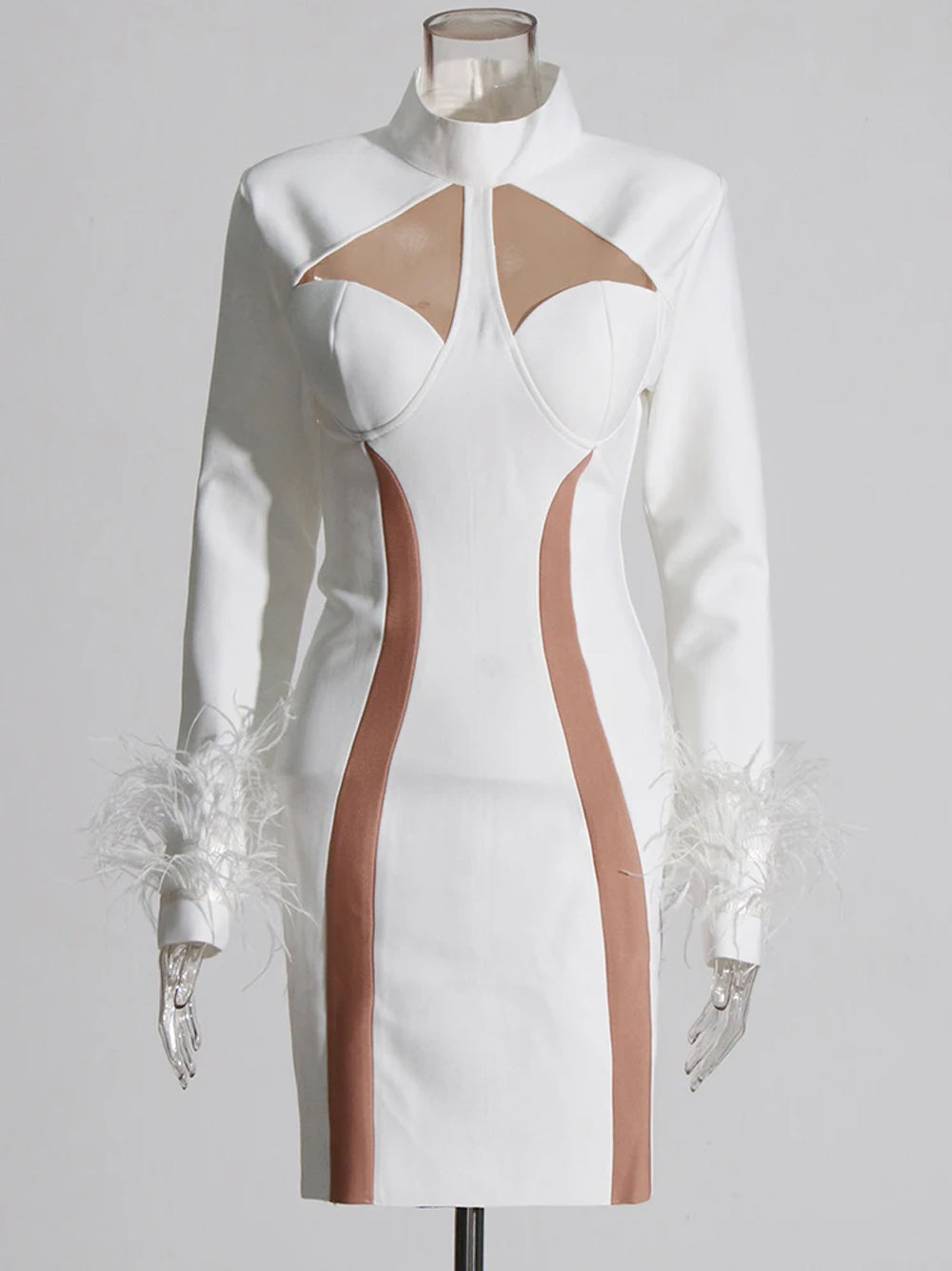 White High Neck Mesh Cutout Feather Cuff Bandage Bodycon Mini Dress