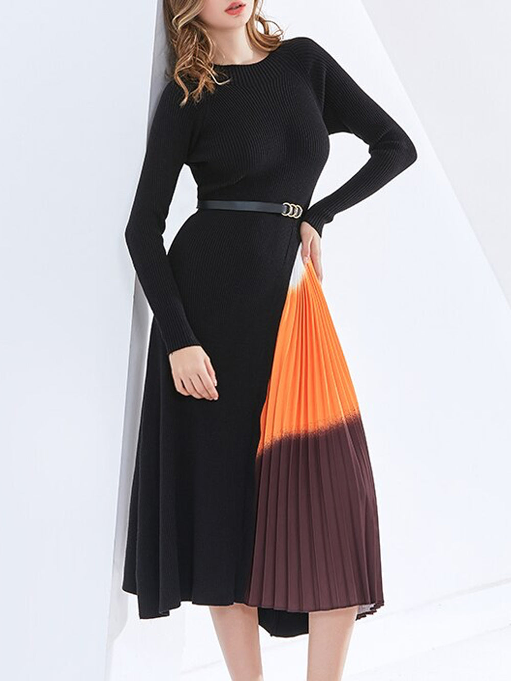 Black Round Neck Ribbed Knit Belted Pleated Panel Maxi Dress 11