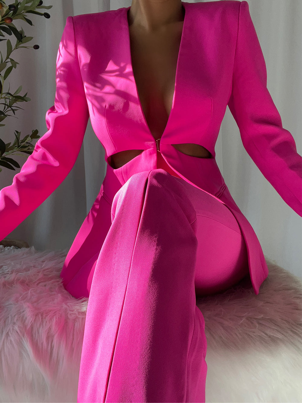 Fuchsia Collarless Plunge Cutout Blazer and Split Leg Pants Set