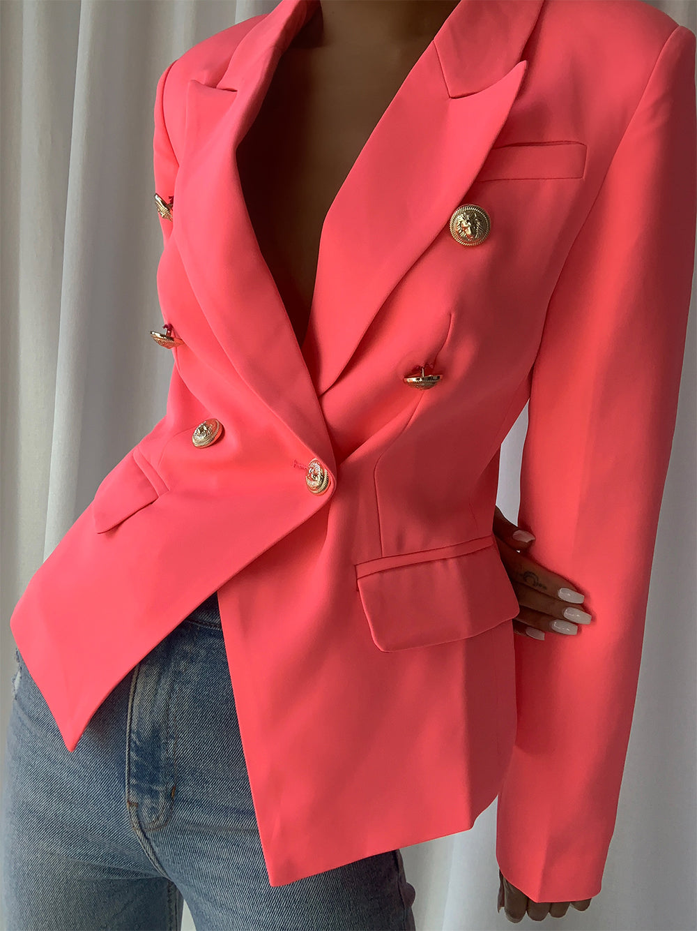 Pink Gold Button Double Breasted Fitted Tailored Blazer 2