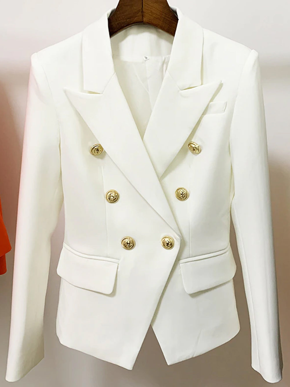 White Peaked Lapel Gold Button Double Breasted Blazer 5