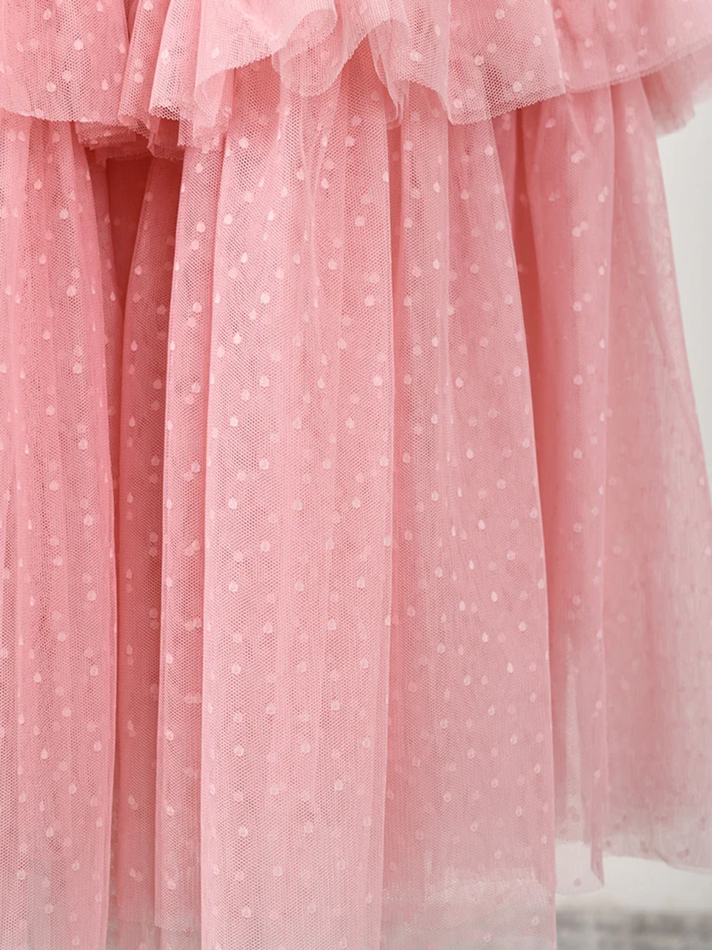 Pink Round Neck Short Sleeve Tiered Ruffle Tulle A-Line Maxi Dress