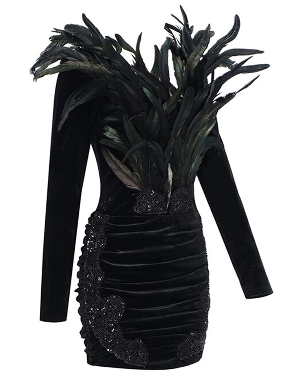 Black Off-Shoulder Feather Trim Velvet Beaded Ruched Bodycon Mini Dress