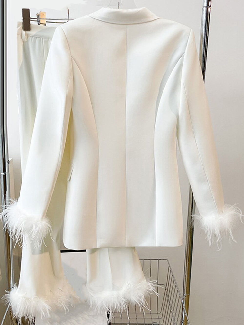 White Feather Trim Peak Lapel Blazer and Pants Set