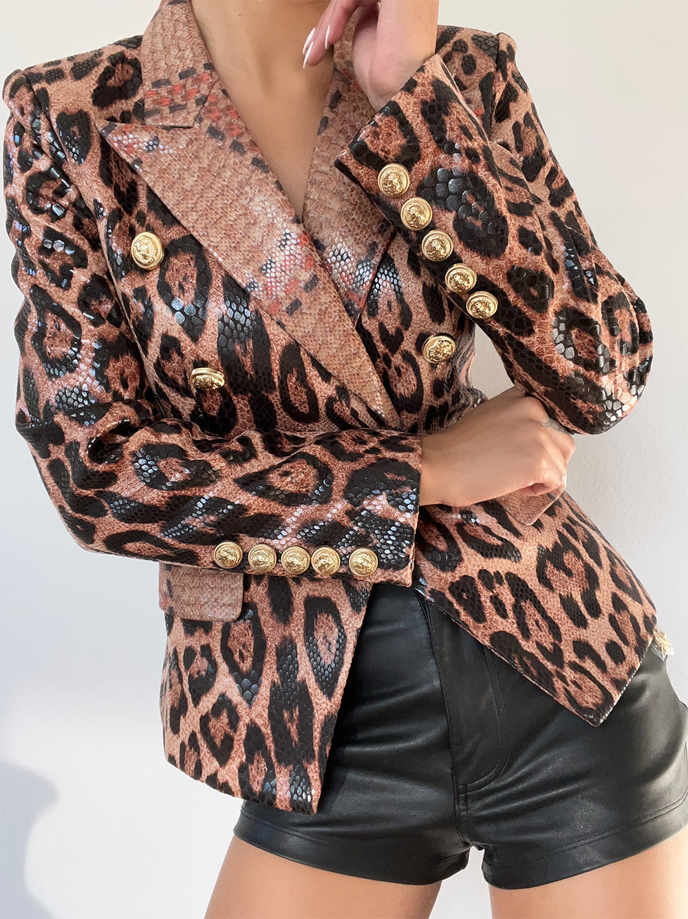 Leopard Peak Lapel Double Breasted Gold Button Leopard Blazer