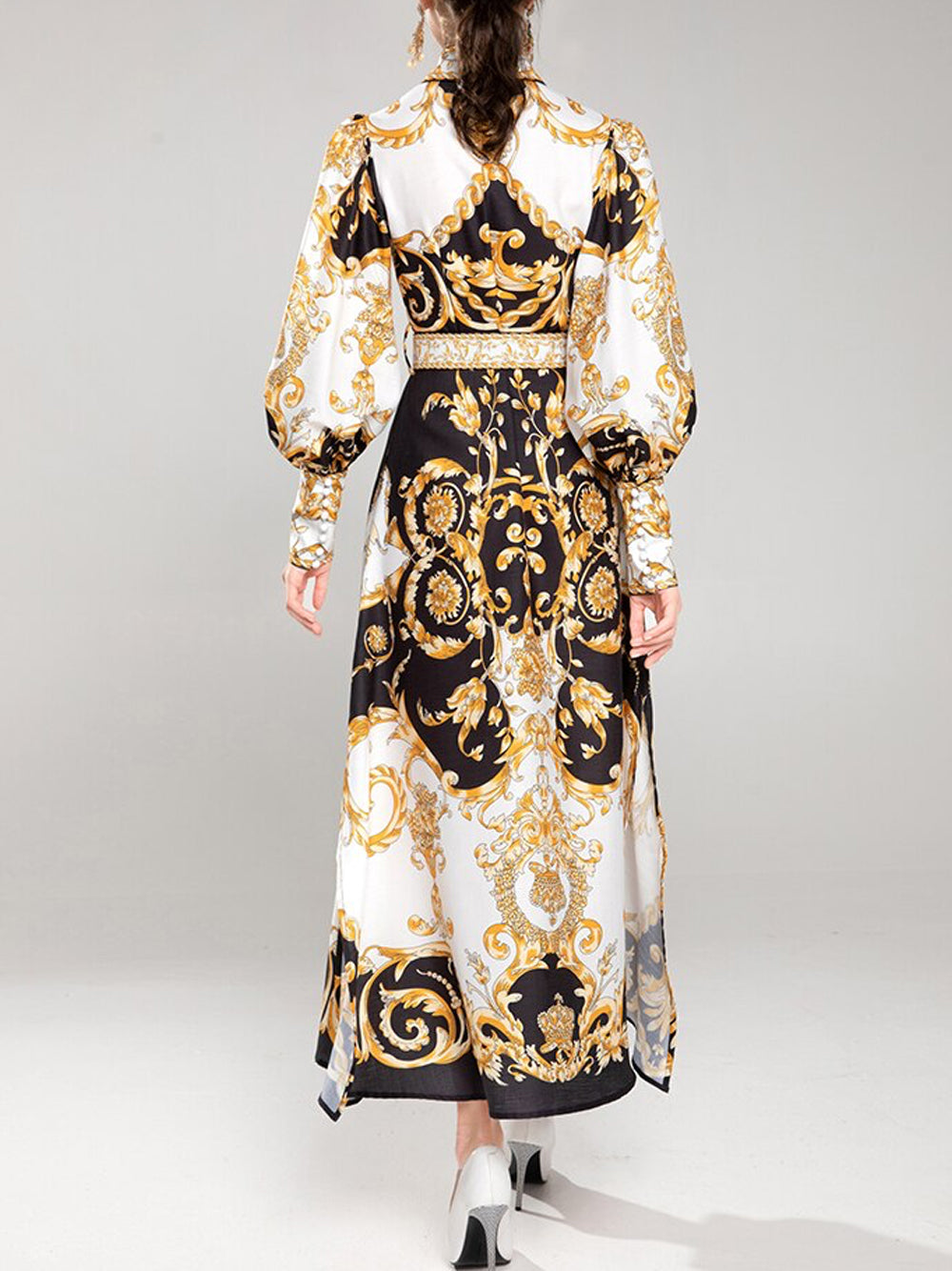 Gold Collared Baroque Print Long Sleeve High Slit Shirt Maxi Dress 9