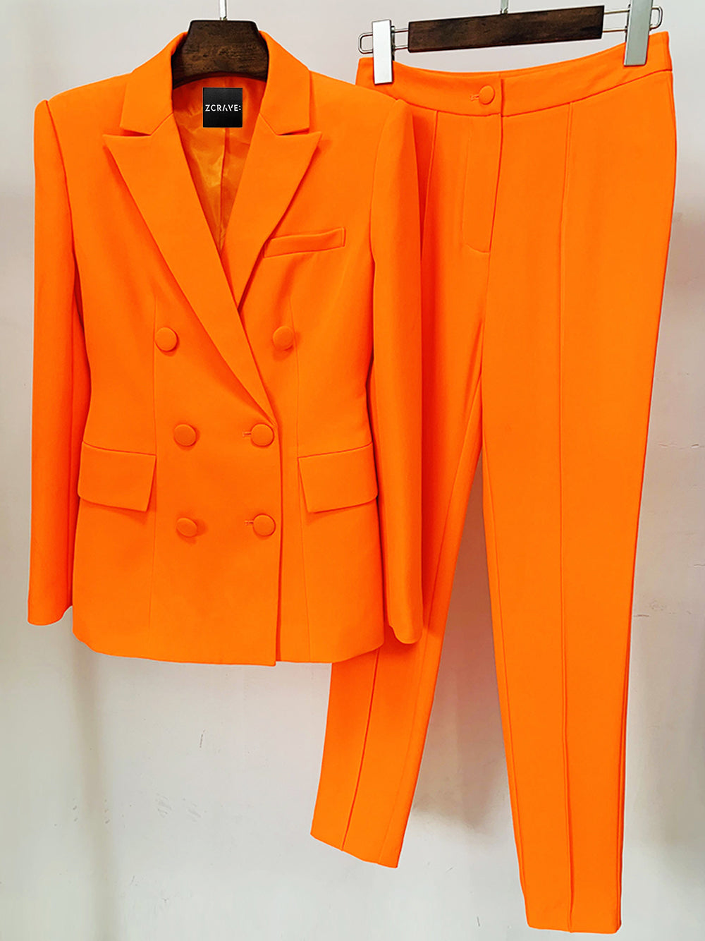 Orange Peak Lapel Double-Breasted Blazer Skinny Pants Set