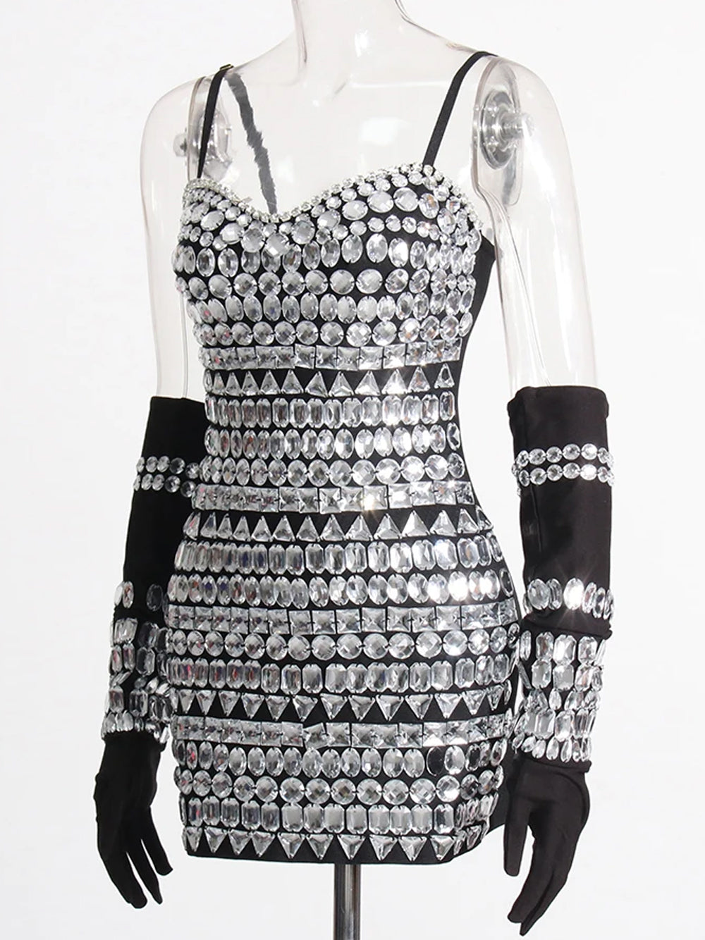 Black Spaghetti Strap Crystal Embellished Bodycon Mini Dress