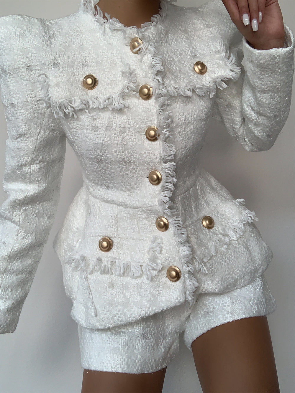 White Fringe Trim Gold Button Tweed Jacket Shorts Set