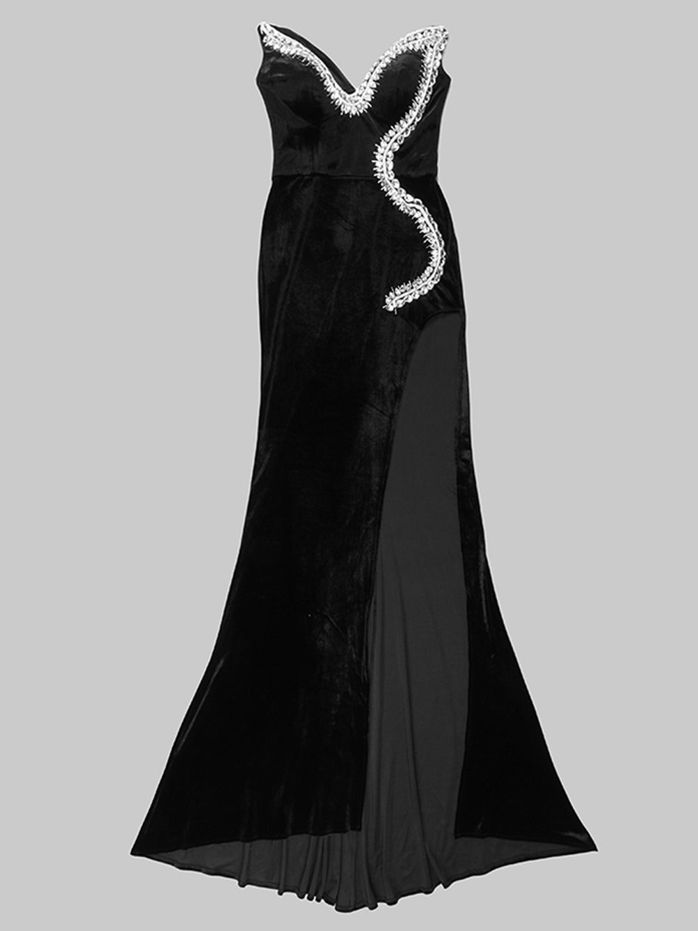 Black V-Neck Crystal Trim High Slit Mermaid Gown