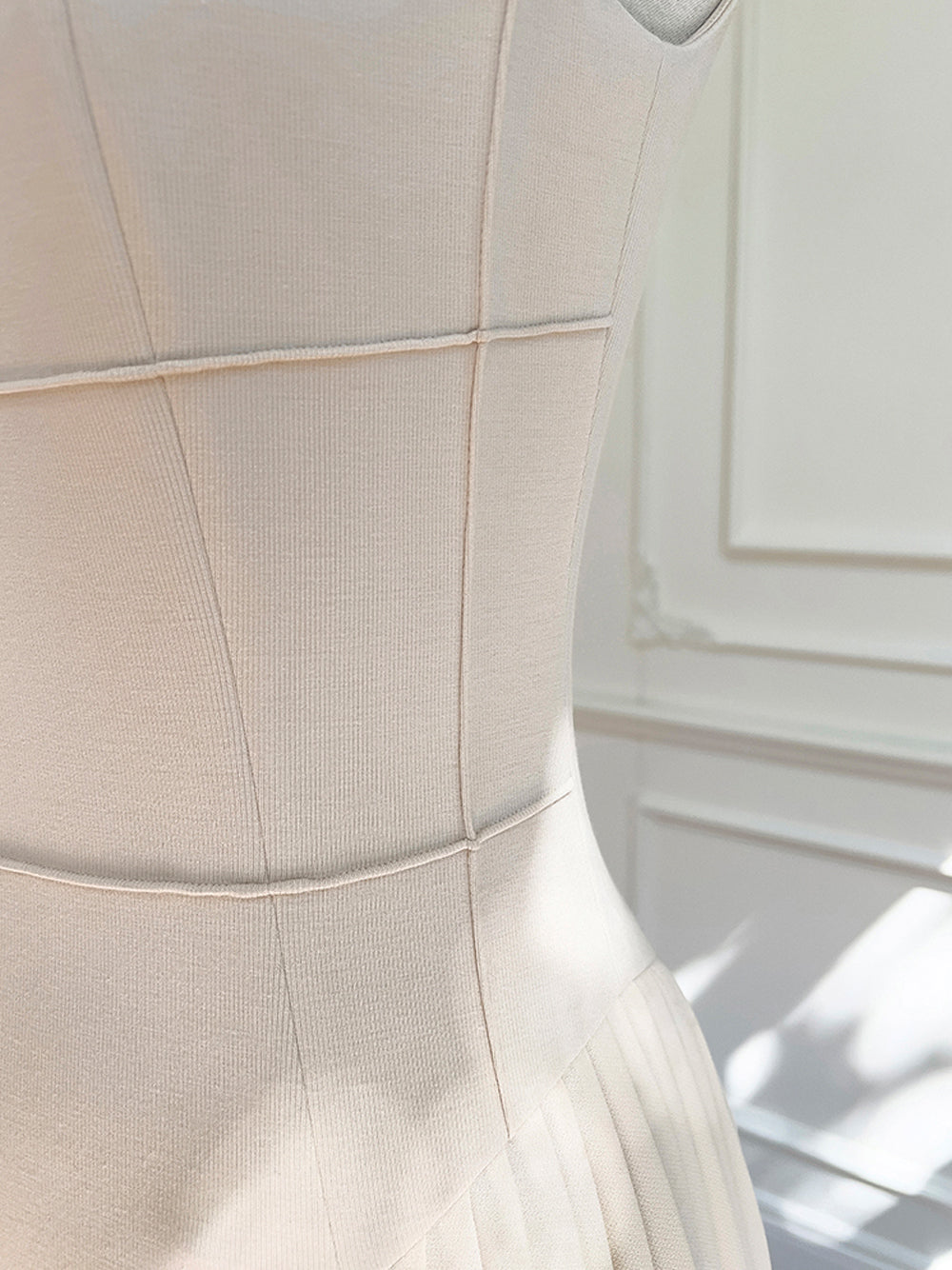 Apricot Mock Neck Sleeveless Grid Seam Pleated Fit And Flare Midi Dress