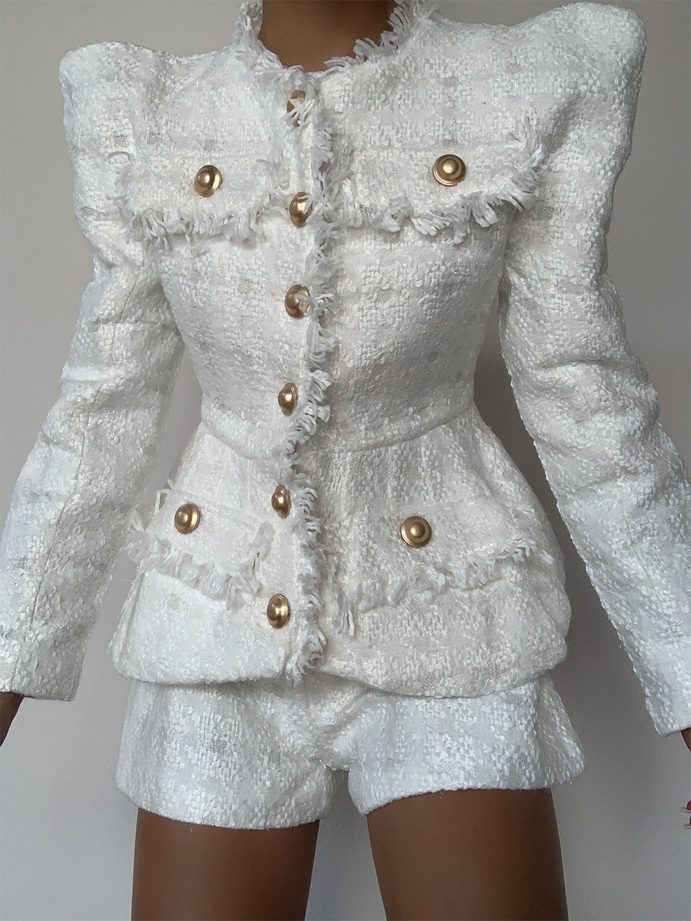 White Fringe Trim Gold Button Tweed Jacket Shorts Set