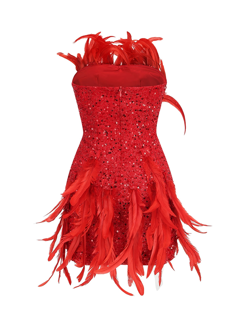 Red Strapless Sequin Feather Trim Bodycon Mini Dress