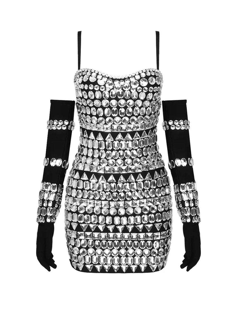 Black Spaghetti Strap Crystal Embellished Bodycon Mini Dress
