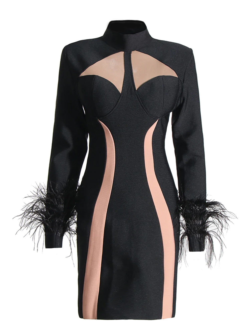 Black High Neck Mesh Cutout Feather Cuff Bandage Bodycon Mini Dress