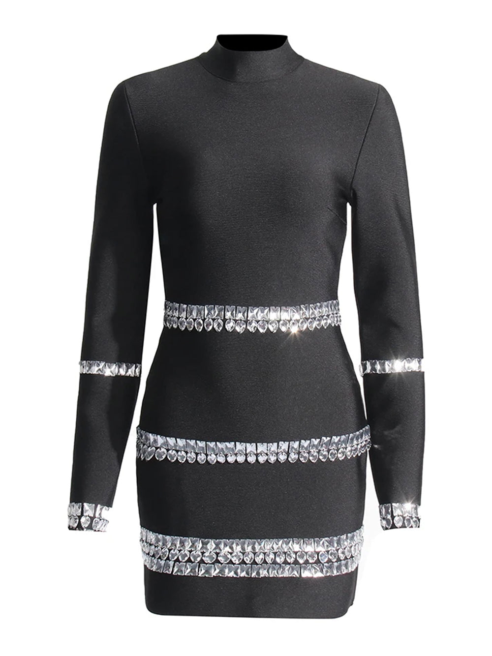 Black High Neck Crystal Embellished Long Sleeve Bodycon Mini Dress