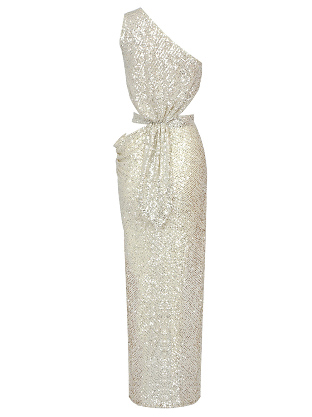 Gold One Shoulder Sequin Cutout Waist High Slit Bodycon Gown