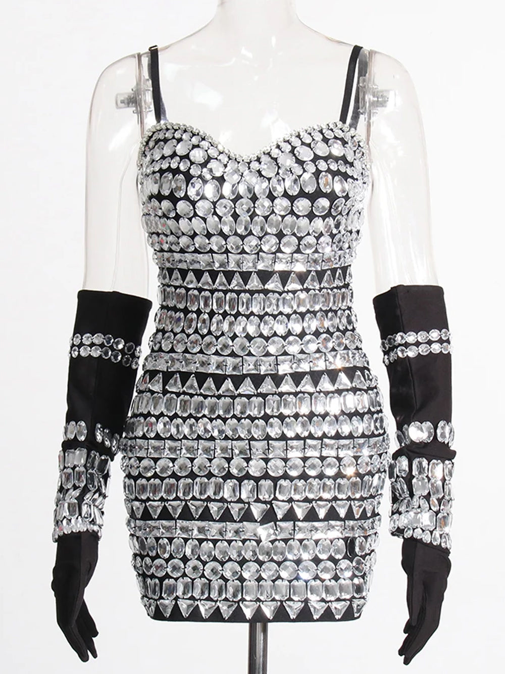 Black Spaghetti Strap Crystal Embellished Bodycon Mini Dress
