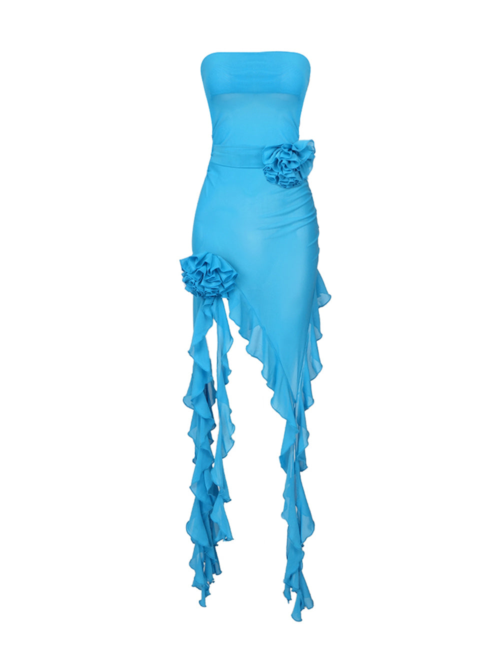 Blue Strapless Rosette Flower Ruched Asymmetric Ruffle High Slit Maxi Dress 8