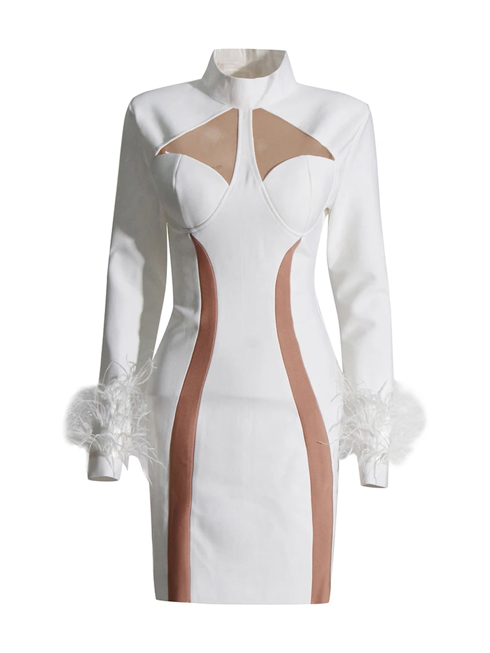 White High Neck Mesh Cutout Feather Cuff Bandage Bodycon Mini Dress