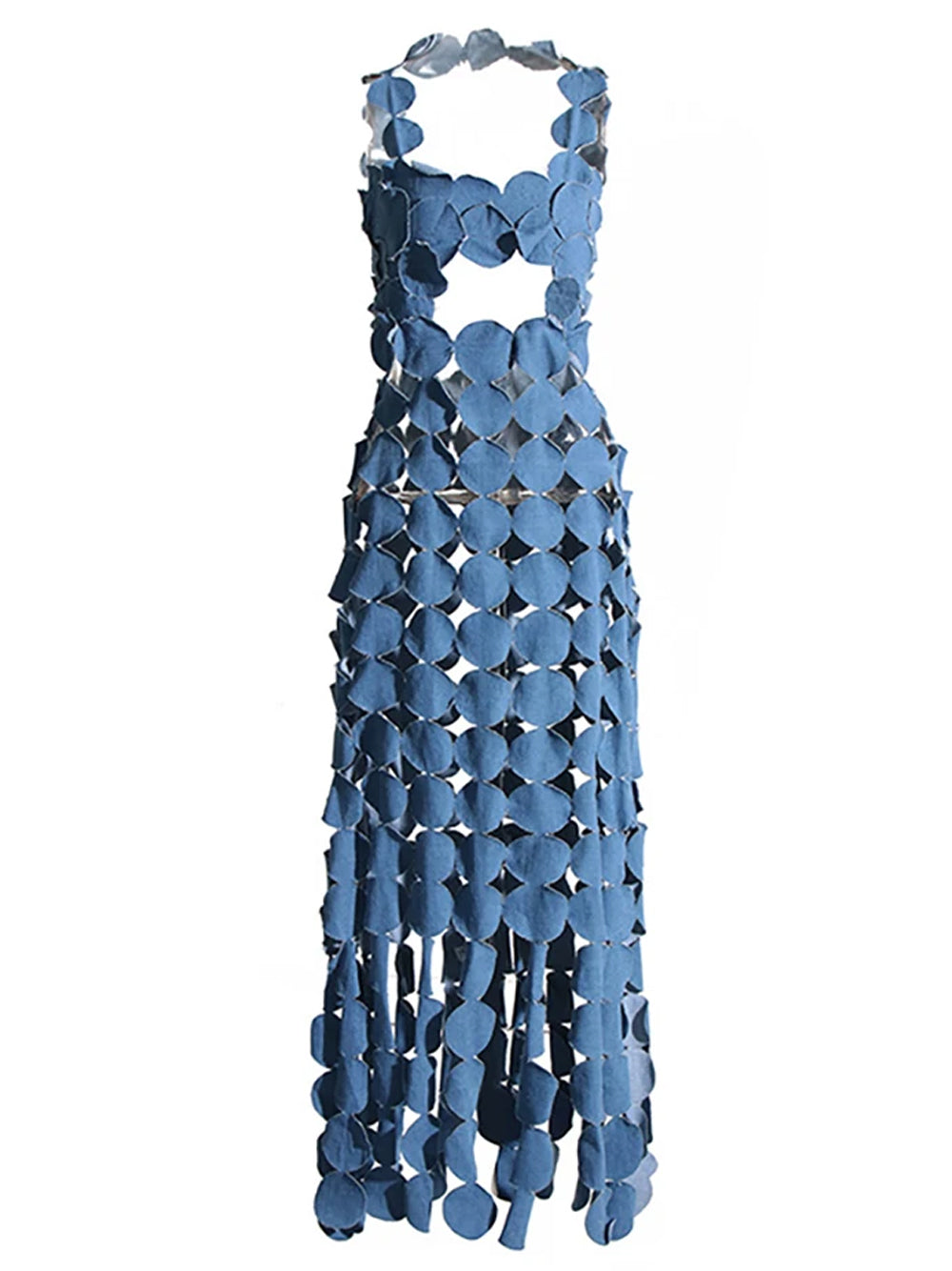 Denim Halter Neck Disc Link Cutout Waist Fringe Bodycon Maxi Dress