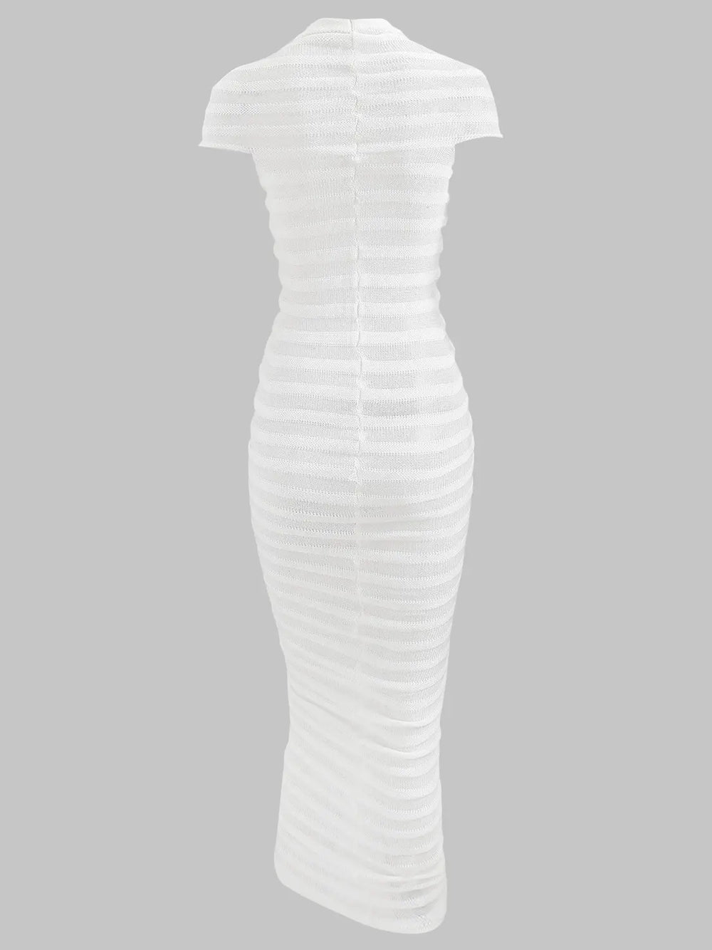 White Mock Neck Sheer Striped Pointelle Knit Bodycon Midi Dress