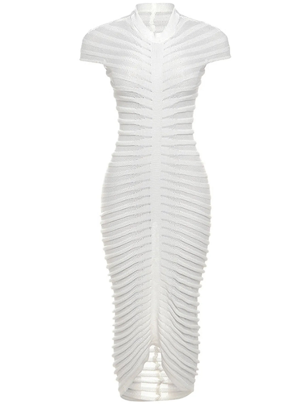 White Mock Neck Sheer Striped Pointelle Knit Bodycon Midi Dress