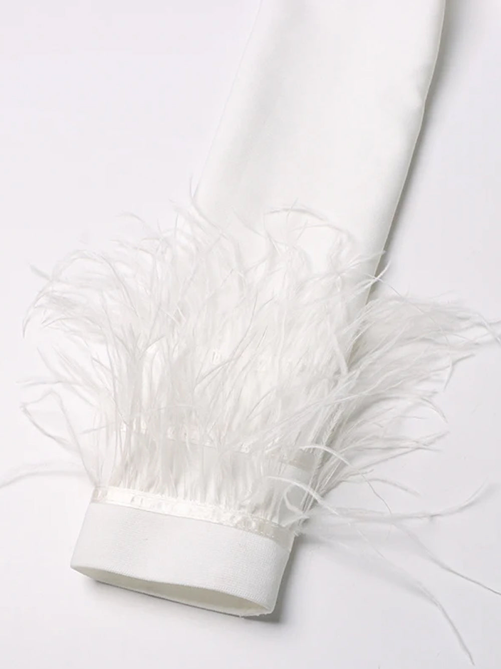 White High Neck Mesh Cutout Feather Cuff Bandage Bodycon Mini Dress