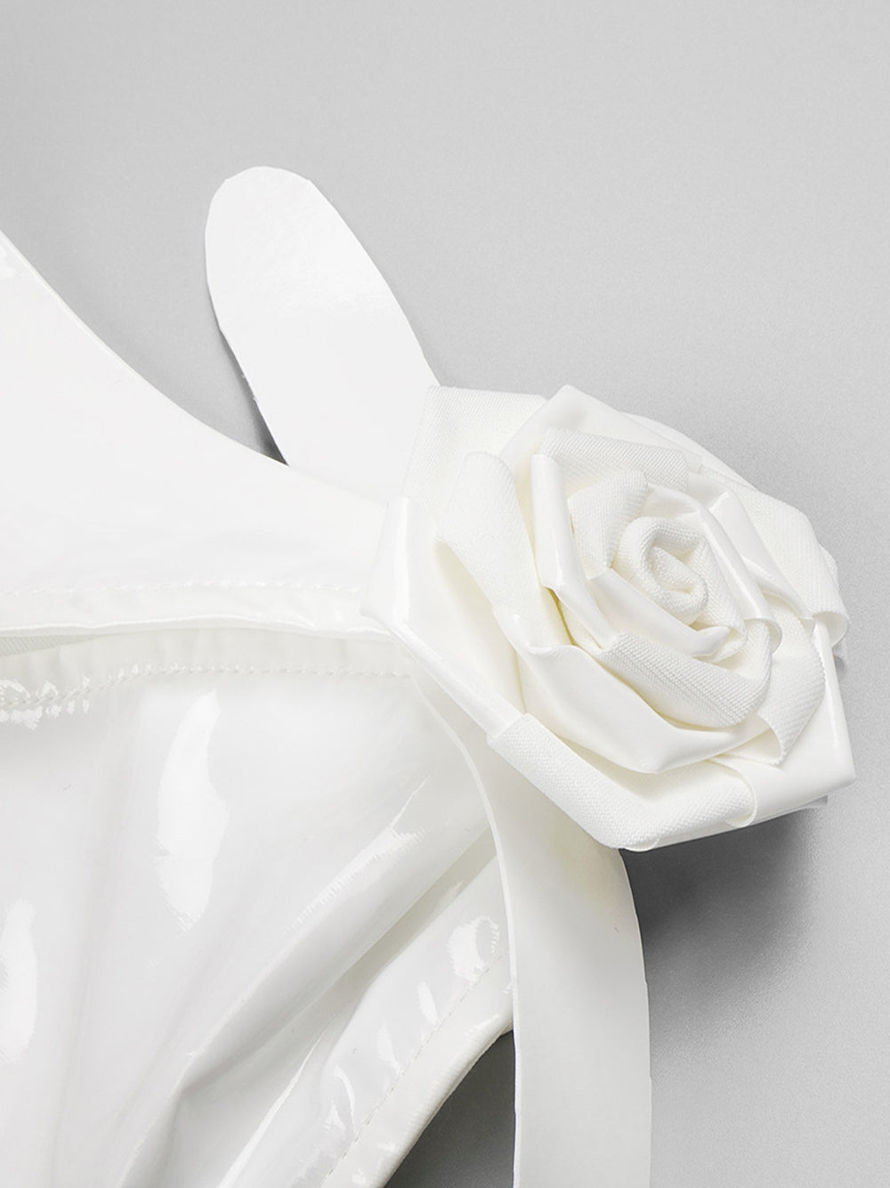 White Asymmetric Neckline Satin Rosette Applique Bodycon Maxi Gown 3