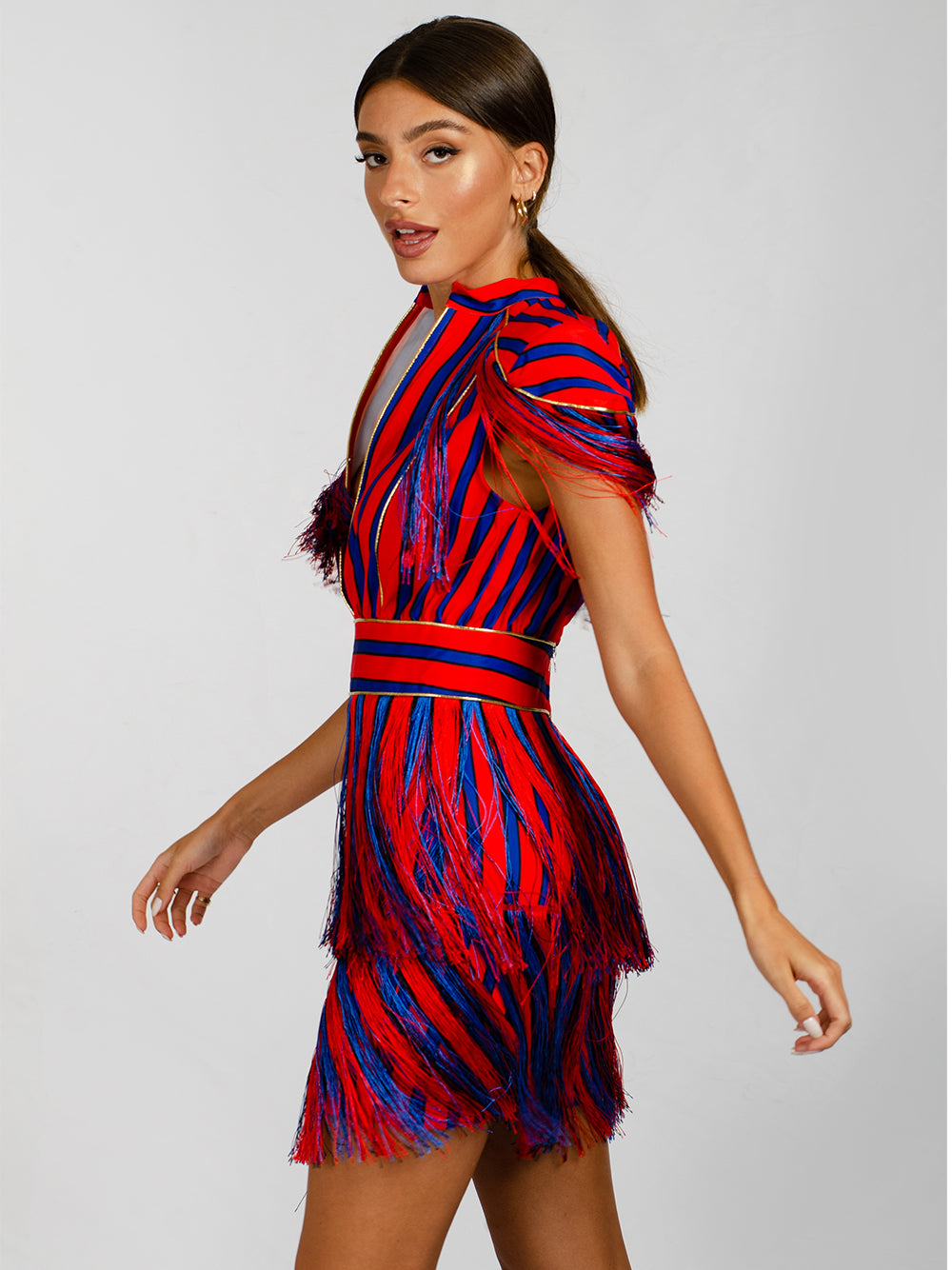 Red Collared V-Neck Striped Fringe Tassel Short Sleeve Mini Dress