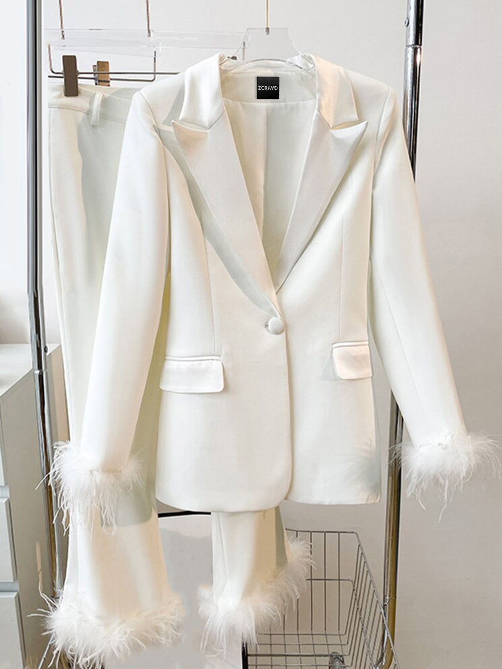 White Feather Trim Peak Lapel Blazer and Pants Set