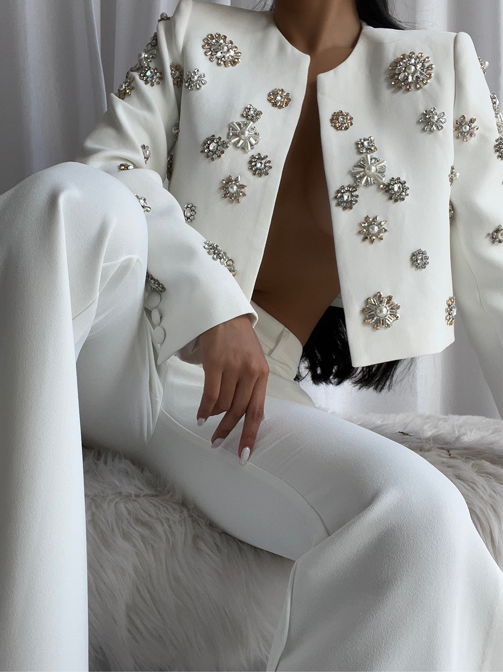 White Rhinestone Floral Embellished Cropped Jacket and Split Flared Pants Set