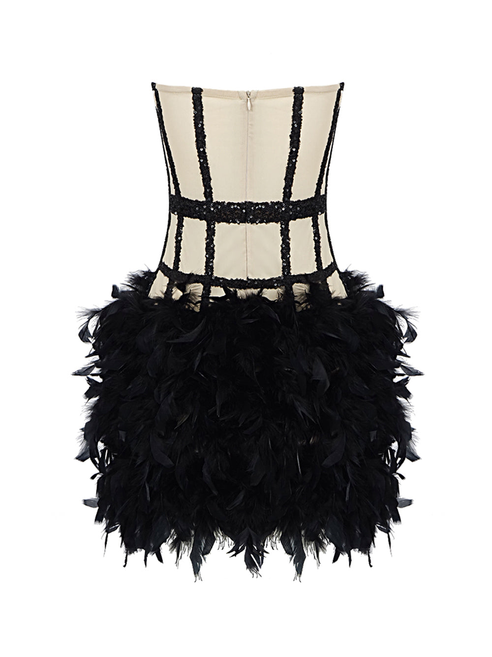 Black Strapless Sweetheart Sequin Corset Feather Hem Bodycon Mini Dress