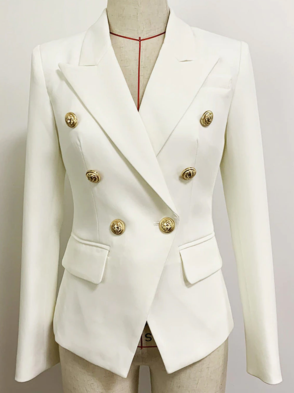 White Peaked Lapel Gold Button Double Breasted Blazer 9
