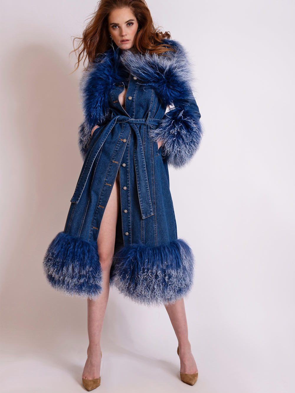 Denim Shaggy Fur Collar Cuff Hem Belted Button-Up Denim Coat 7
