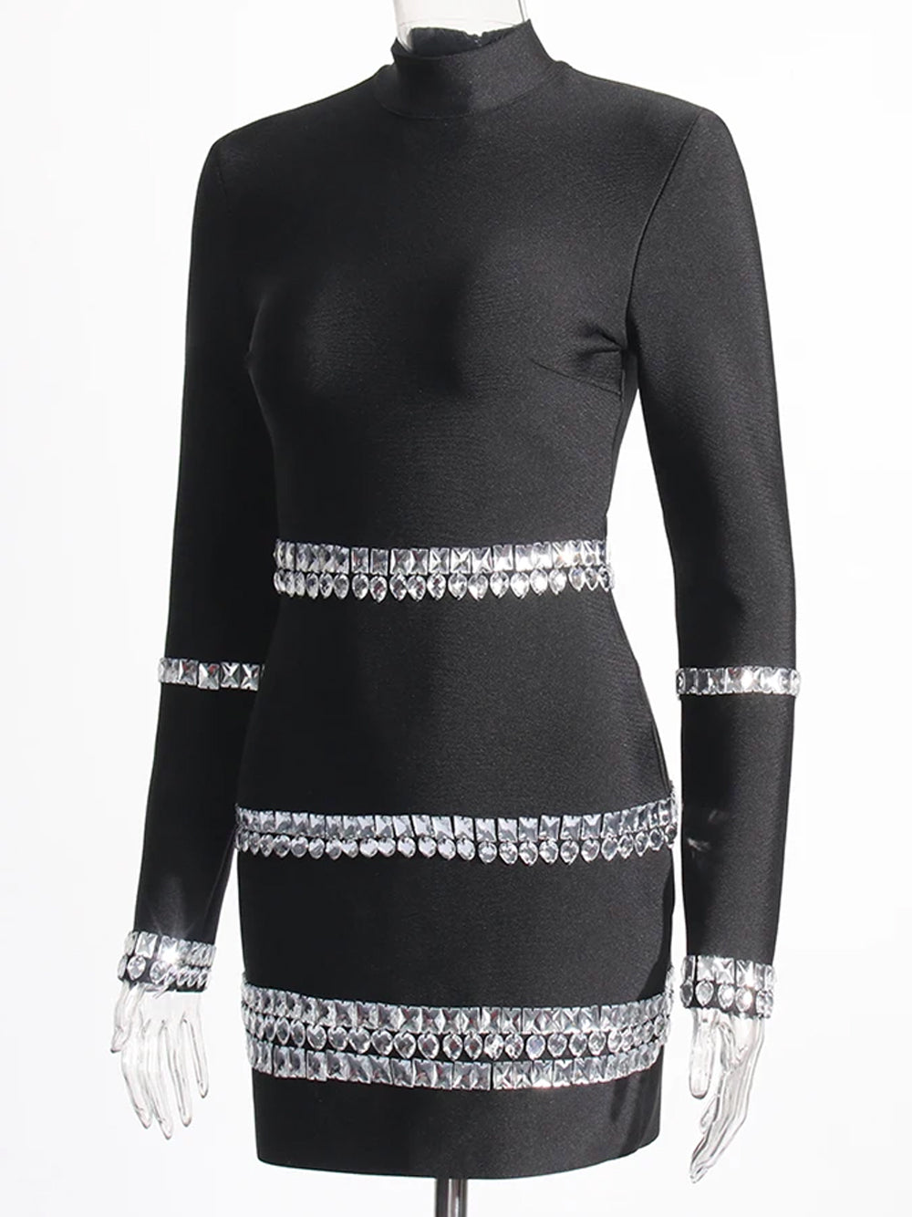 Black High Neck Crystal Embellished Long Sleeve Bodycon Mini Dress