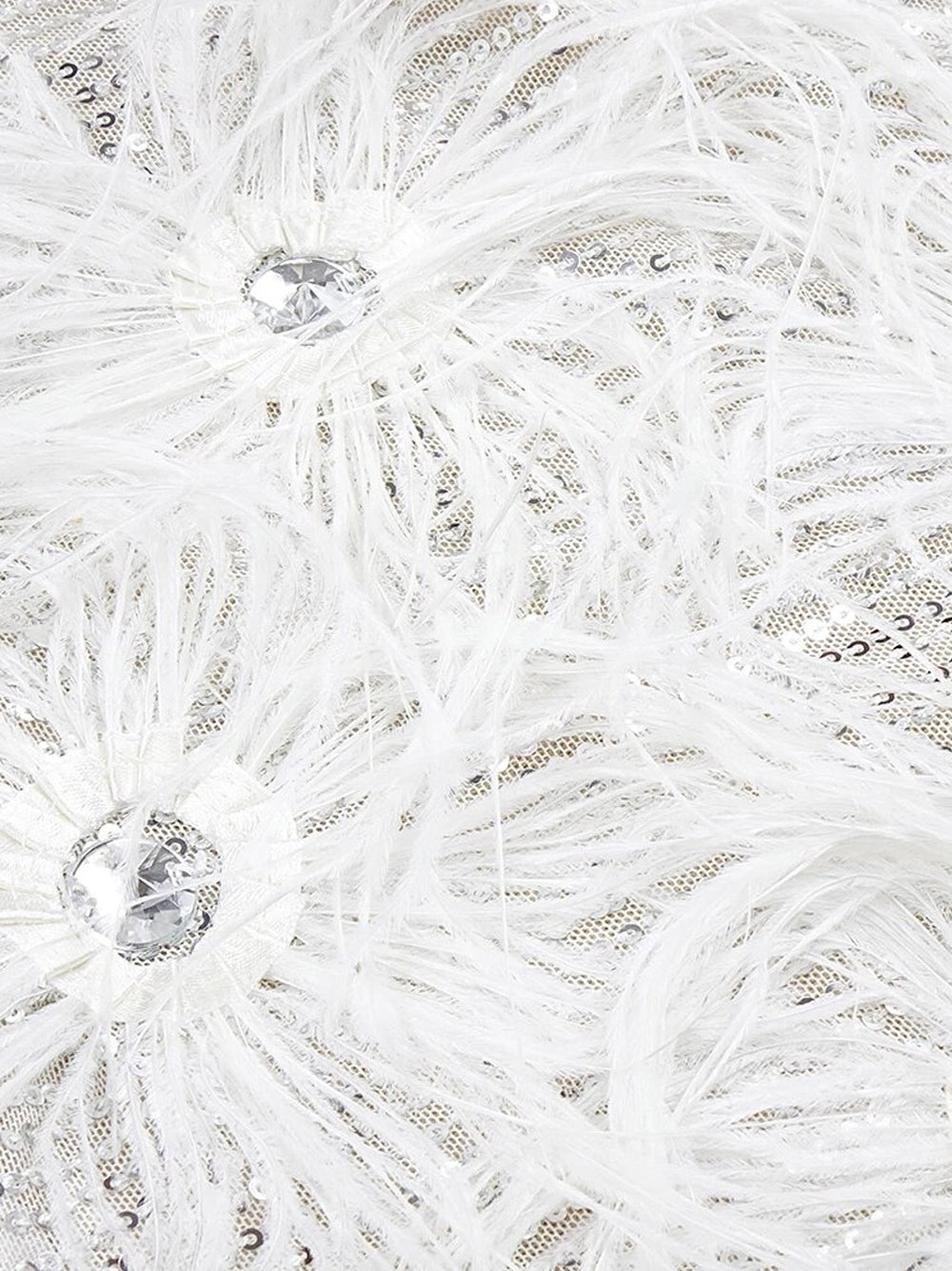 White Spaghetti Strap V-Neck Rhinestone Feather Trim Bodycon Mini Dress 12