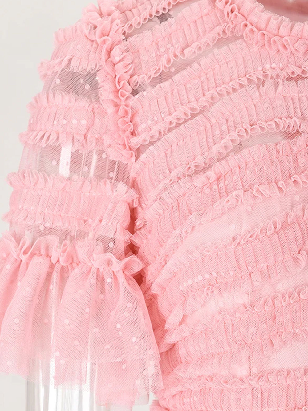 Pink Round Neck Short Sleeve Tiered Ruffle Tulle A-Line Maxi Dress