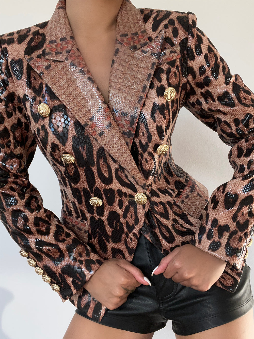 Leopard Peak Lapel Double Breasted Gold Button Leopard Blazer