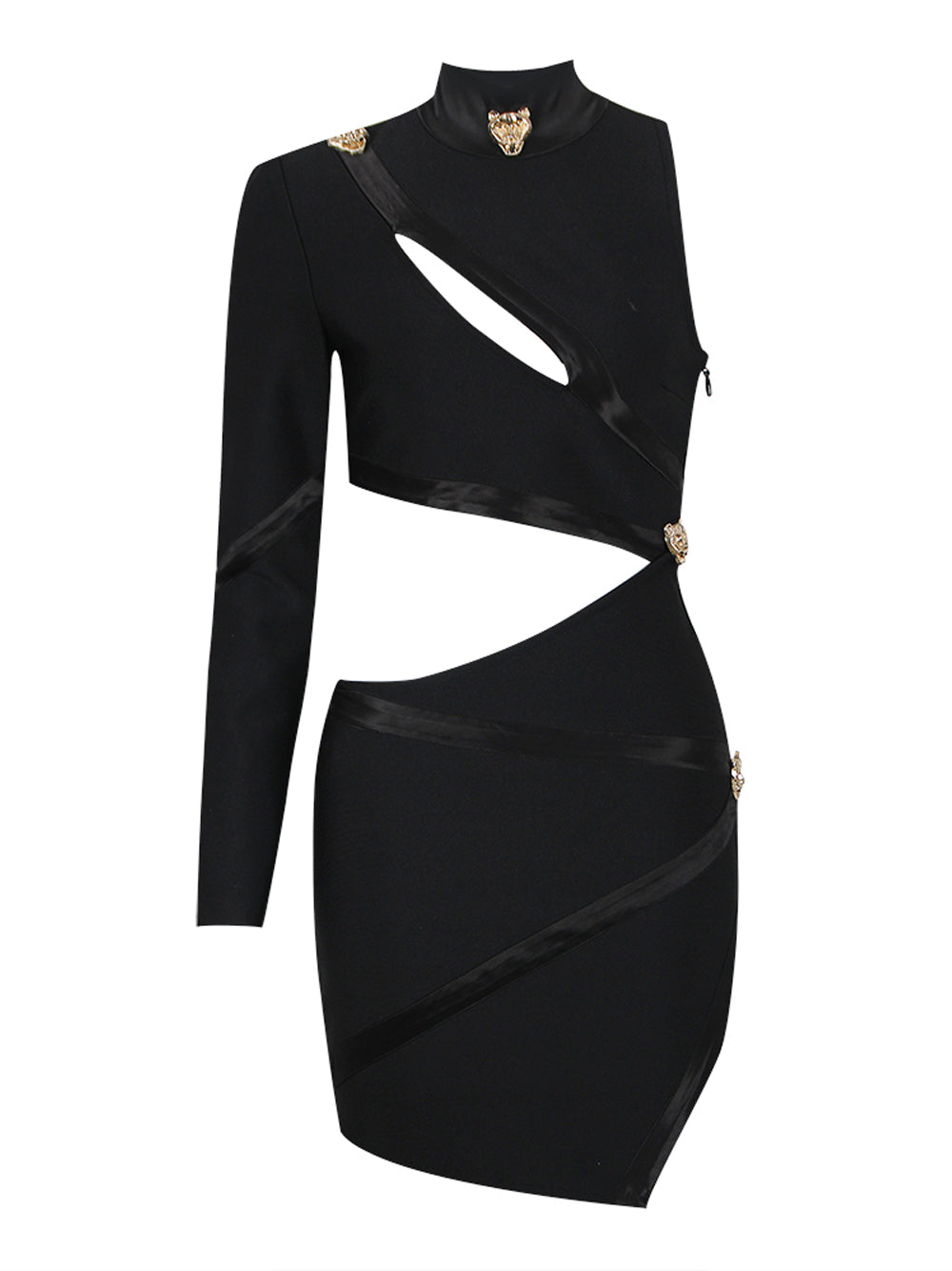 Black High Neck One Shoulder Cutout Gold Button Bodycon Mini Dress