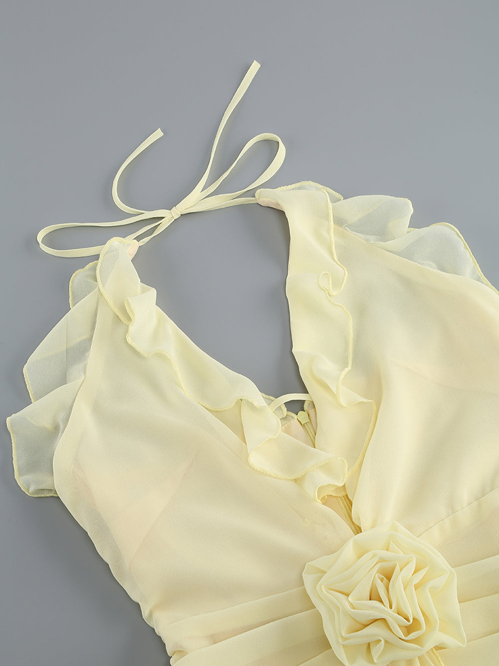 Yellow Halter Plunge Ruffle Chiffon Rosette Drop Waist Mini Dress