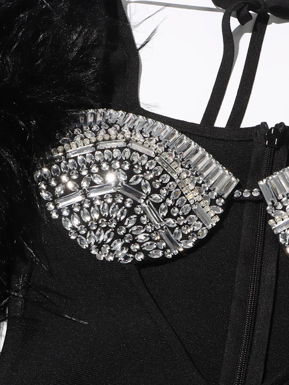 Black Halter Rhinestone Cup Cutout Faux Fur Sleeve Bodycon Mini Dress